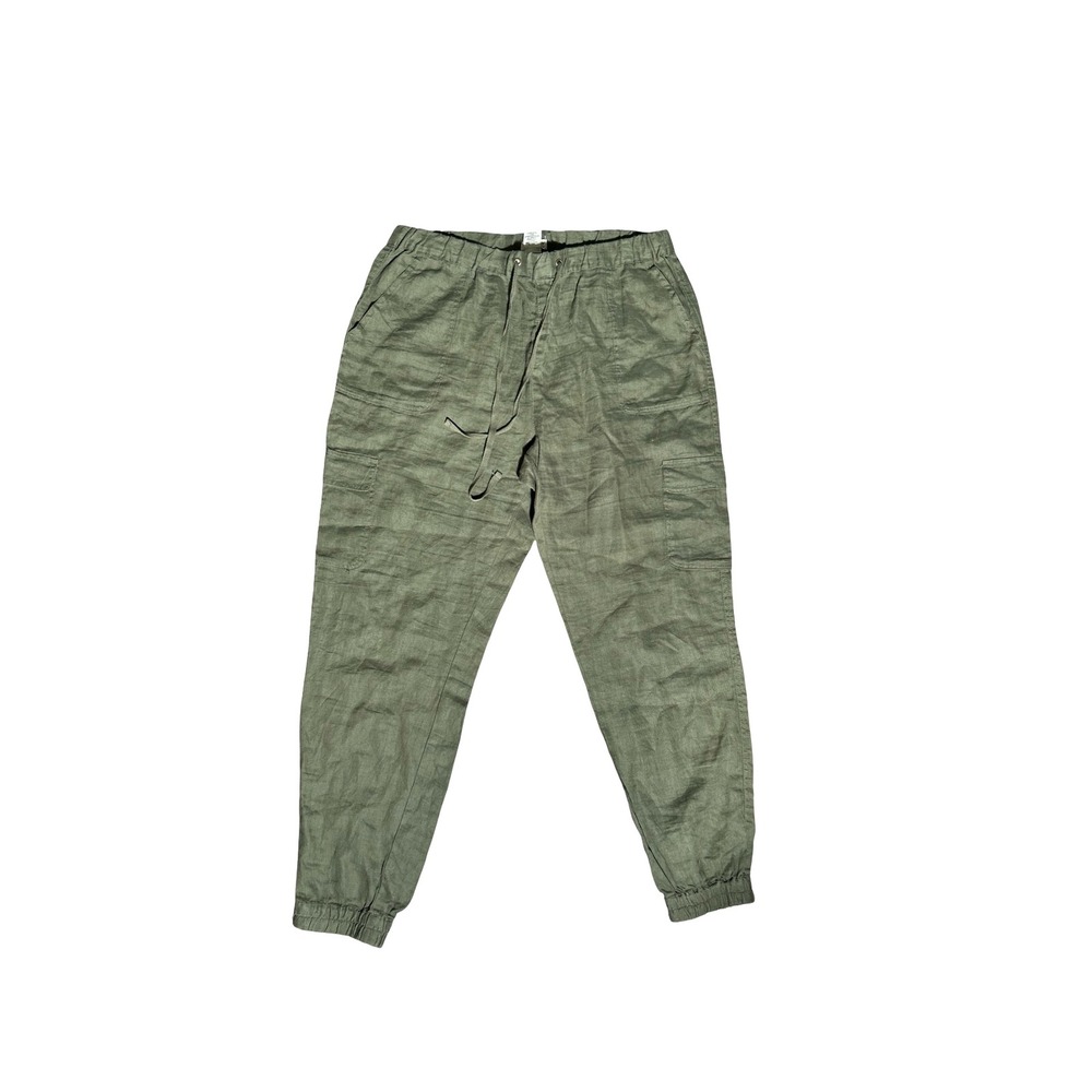 Artisan NY Olive Green 100% Linen Cargo Jogger Pants Womens Large Drawstring